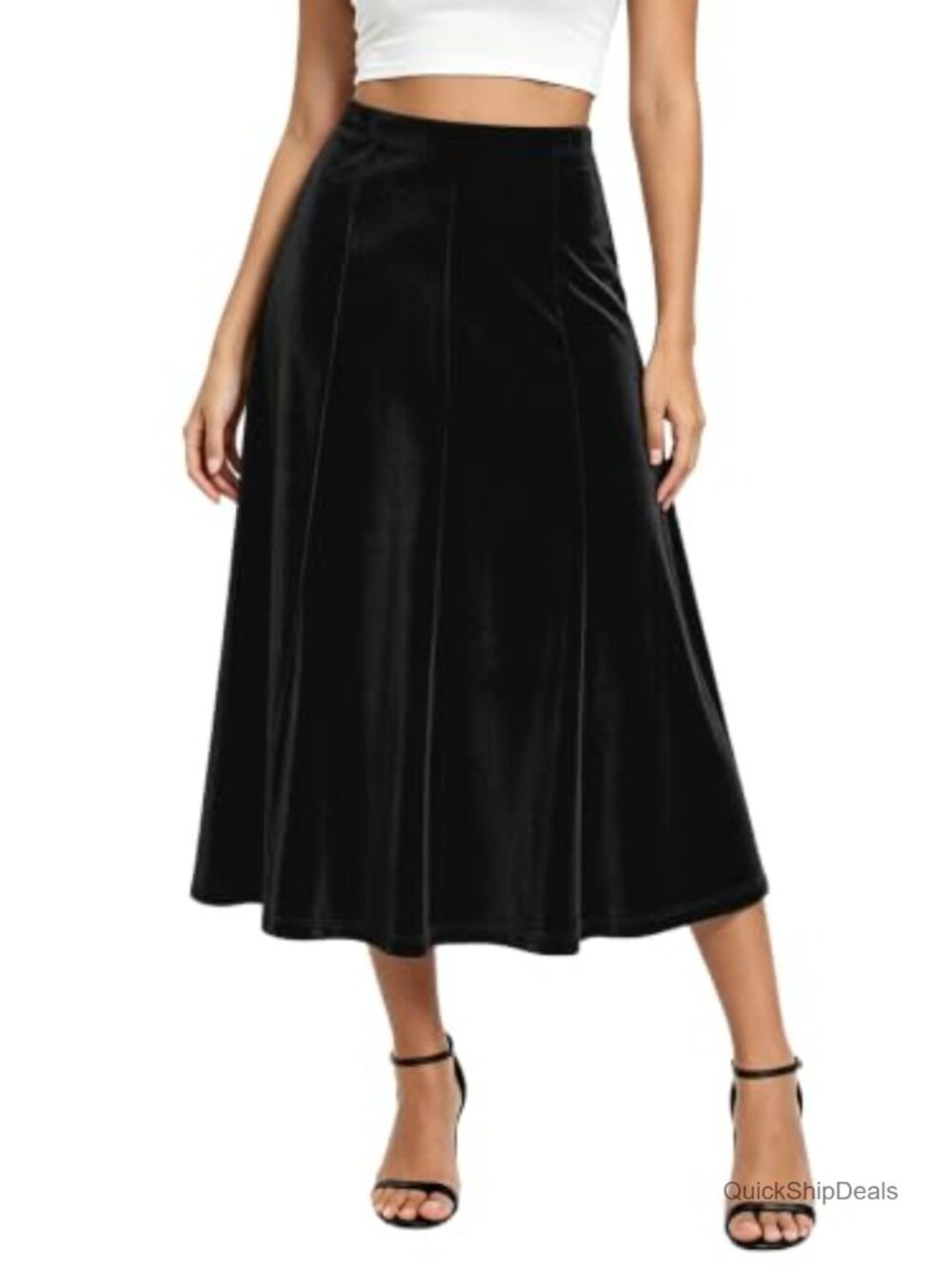Velvet A-Line Midi Skirt High Waist Flowy Fall Winter Womens